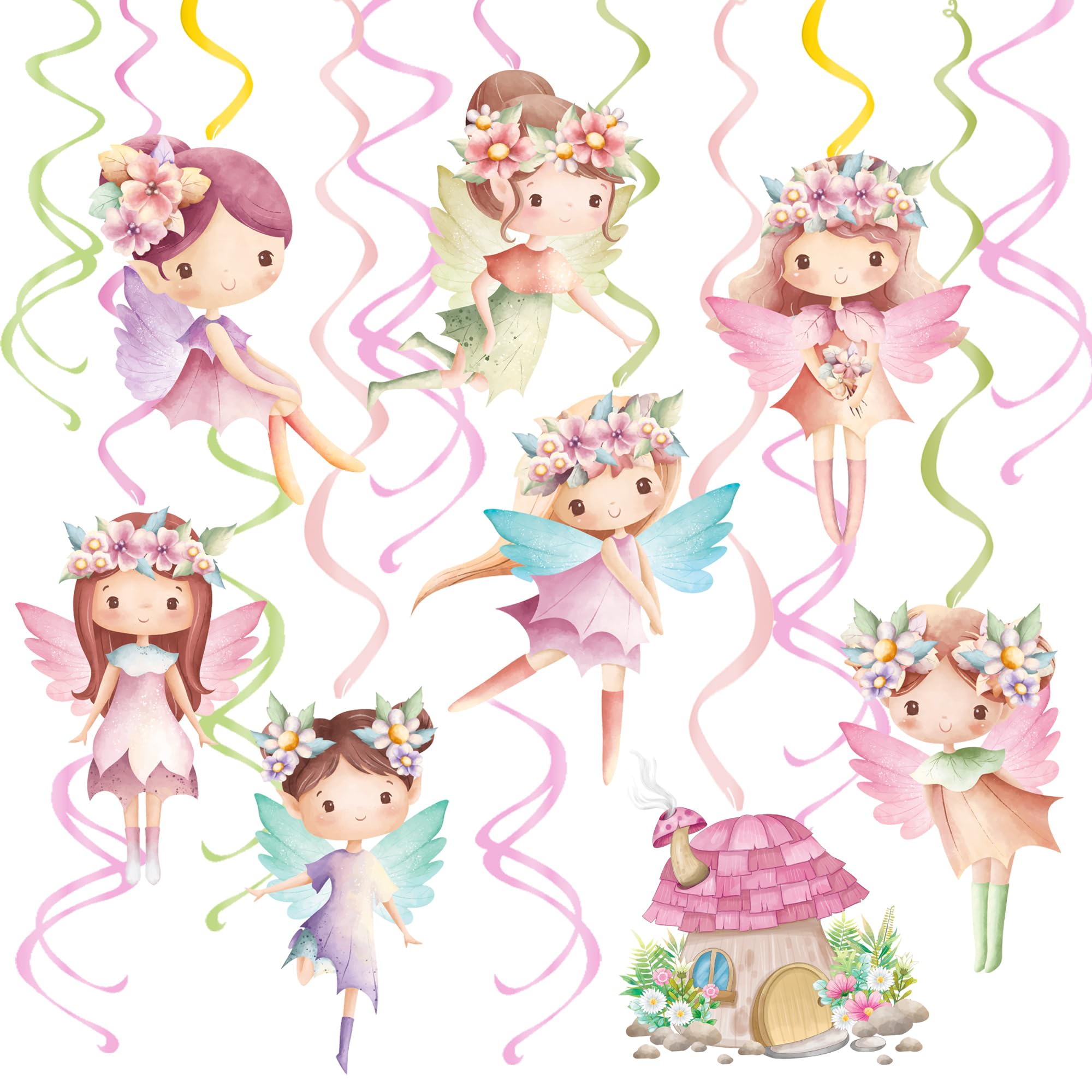 Fairy Hanging Swirls Fairy First Birthday Decorations 20Pcs Fairy Party Ceiling Streamer for Fairy Birthday Party Supplies Flower Fairy Baby Shower Supplies