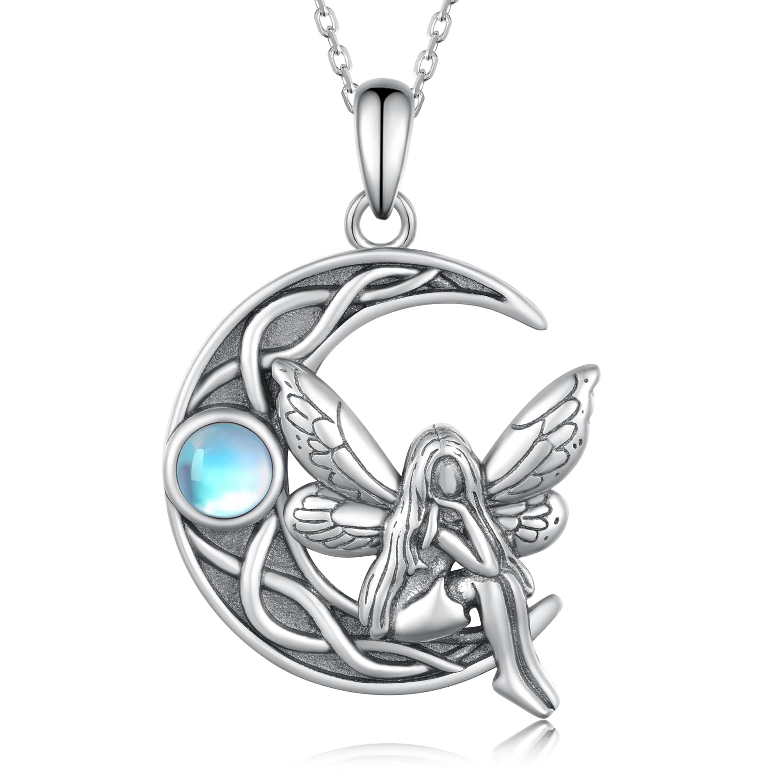 Fairy Necklace 925 Sterling Silver Crescent Moon Celtic Fairy Necklace for Women Angel Jewelry Gifts for Women